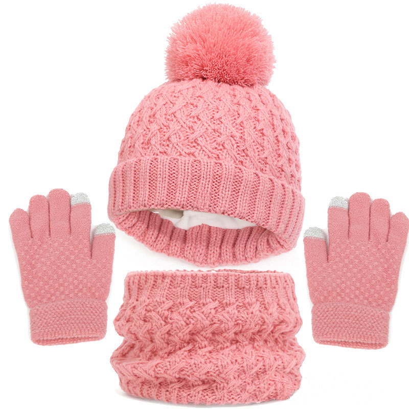 2023 Luxe Mode Sjaals Kinderen Gebreide Beanie Cap Leuke Pompom Babymutsje Wintermuts Sjaal En Handschoenen 3 Stuks Set voor Meisjes Jongen