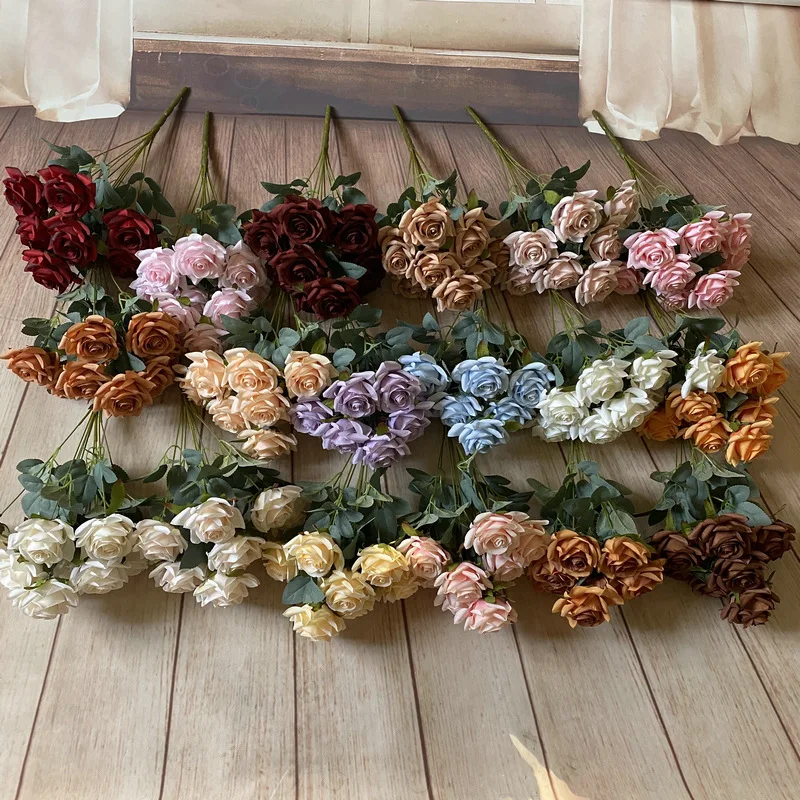 Bouquet de Simulation Artificielle pour Décoration, Ornements, Rose à 9 Têtes, Petit Angle, Prise de Vue de Mariage à Domicile, Nik