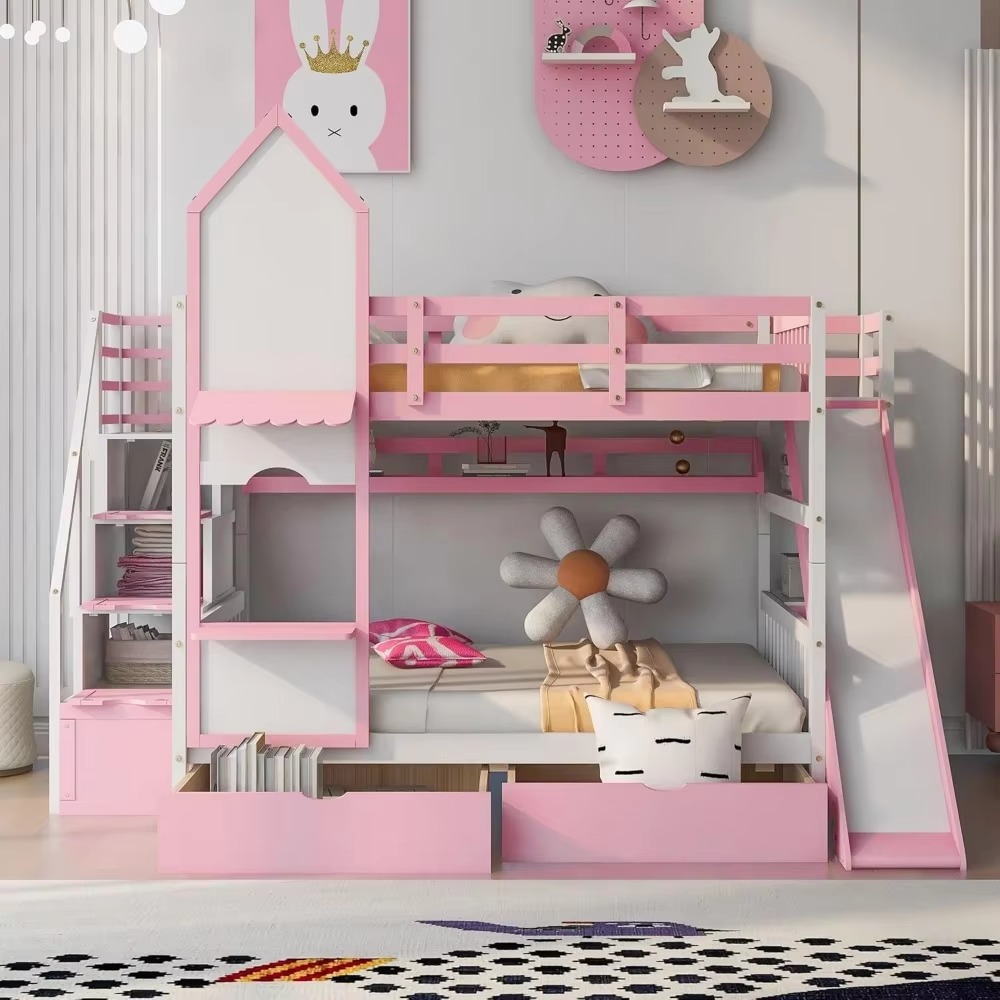 Full-Over-Full Pink Bed,Castle Style Bunk Bed with 2 Drawers and 3 Shelves,Solid Wood Bunk Beds with Slide and Storage Staircase