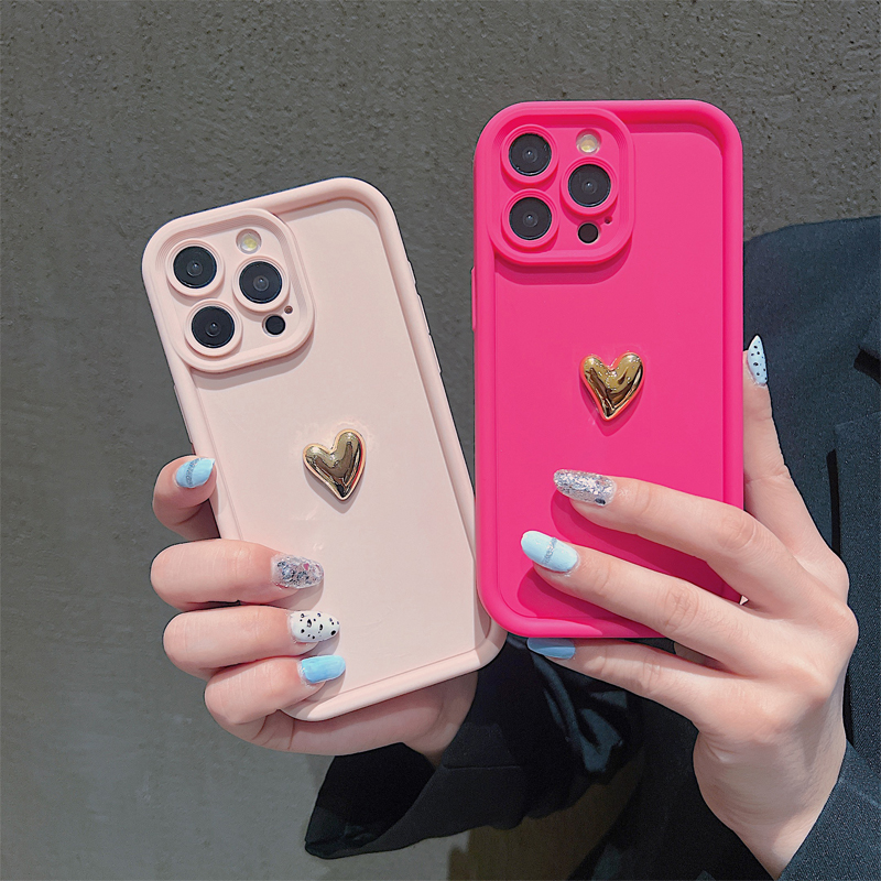 Funda de teléfono suave de silicona con corazón dorado 3D para iPhone 15 14 13 12 11 16 Pro Max XS XR 7 8 Plus SE 2020 cubierta mate caramelo a prueba de golpes