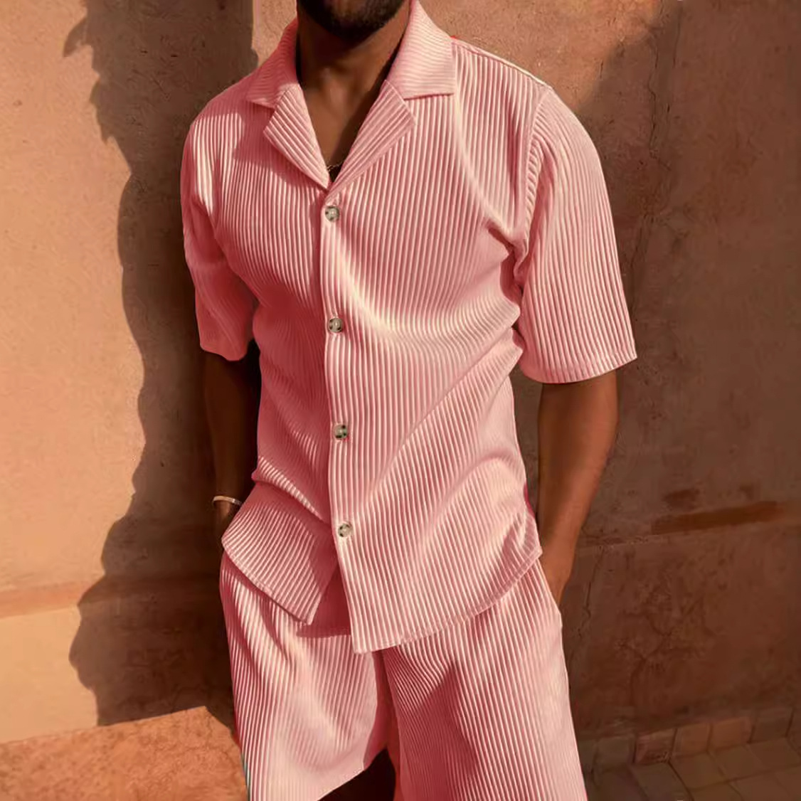 Nouveaux hommes velours côtelé décontracté à manches courtes chemise Shorts costume plage Style décontracté revers col course formation costume