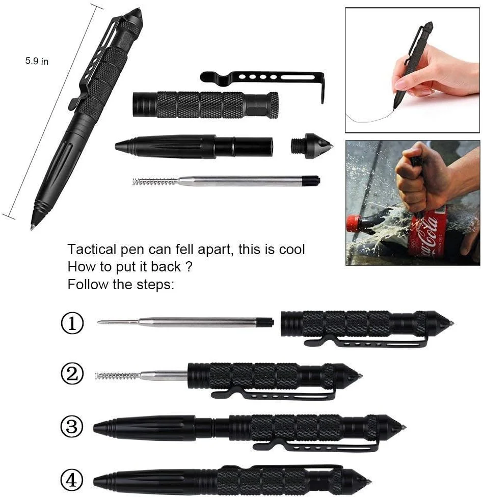 Caneta tática militar, caneta profissional de autodefesa, caneta disjuntor de vidro de emergência-aço de tungstênio, ferramenta de escrita com 6 recargas