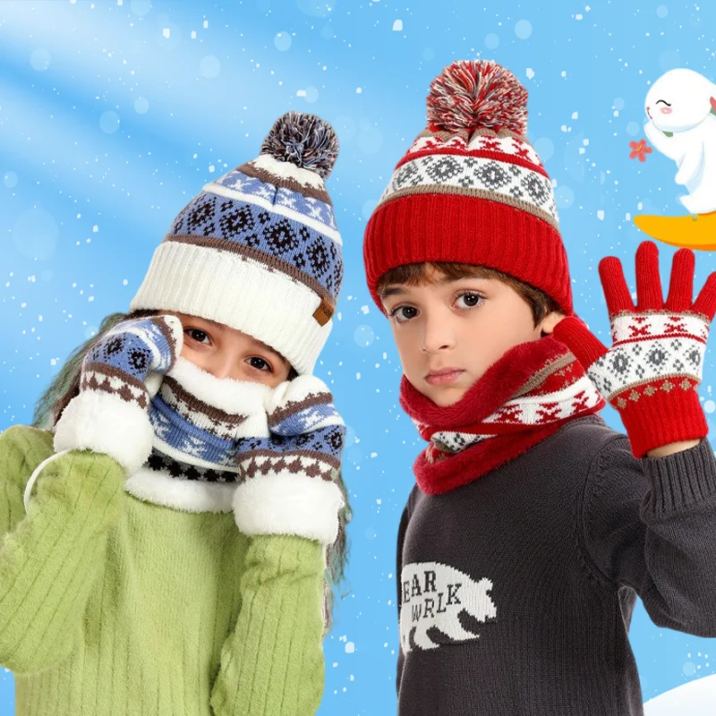 4 unids/set gorro de punto para niños, bufanda gruesa y cálida para el cuello, guantes, mitones, juegos al aire libre para clima frío, necesidades de invierno