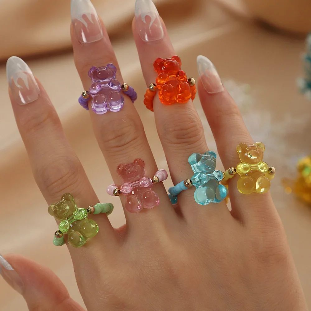 6 set cincin beruang lucu dan romantis wanita, perhiasan cincin Resin warna Jelly inovatif hadiah Hari Valentine untuk anak perempuan