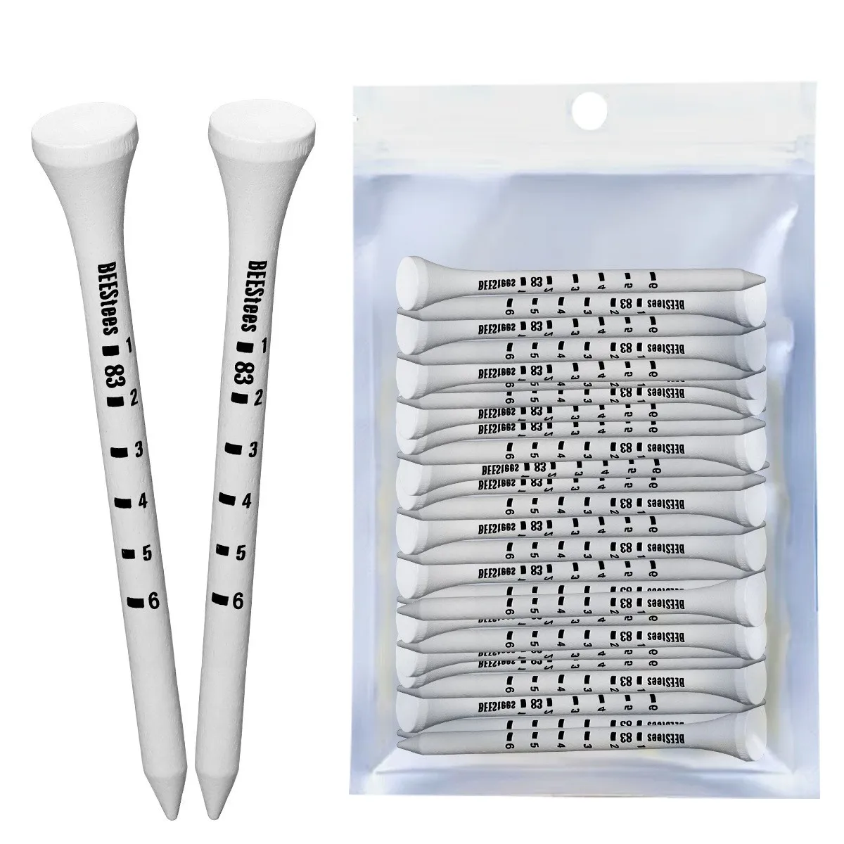 50 Stück Bambus-Golf-Tees, 83 mm, weiß und schwarz, verstellbare Tiefe, seitliche Spin-Reduktion, Reibungsgrad-Skala-Tees