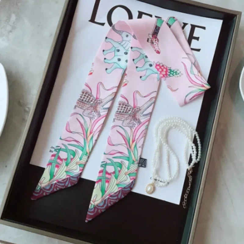 Verão novo design animal elefante feminino decoração sarja fita longa saco de ligação fita de seda cinto de cabelo venda quente pequeno cachecol