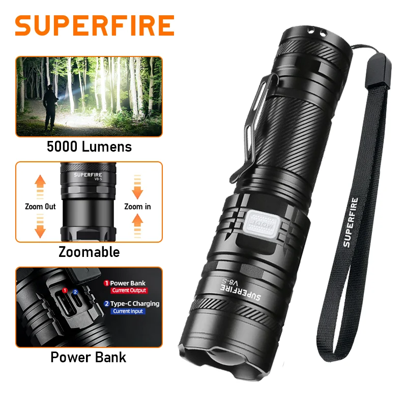 36W High Power LED Waterproof Flashlight Torch With Wick 26650 Battery Powerful 5000LM Indicator USB-C Tactical Hunting Lights