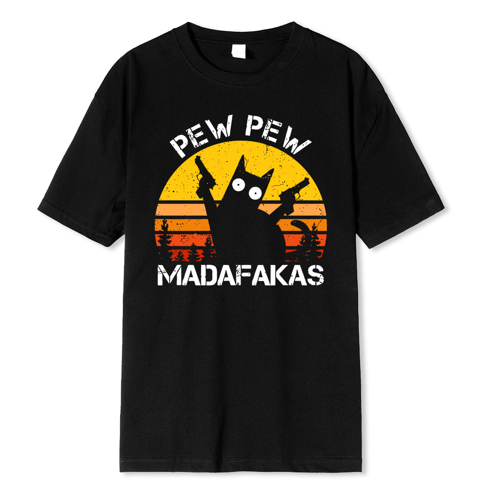 Pew Pew Madafakas Katze Mit Zwei Waffen Druck Männer T Shirts Sommer Baumwolle T-Shirts Atmungsaktive Lose Kleidung Hip Hop Straße Tees