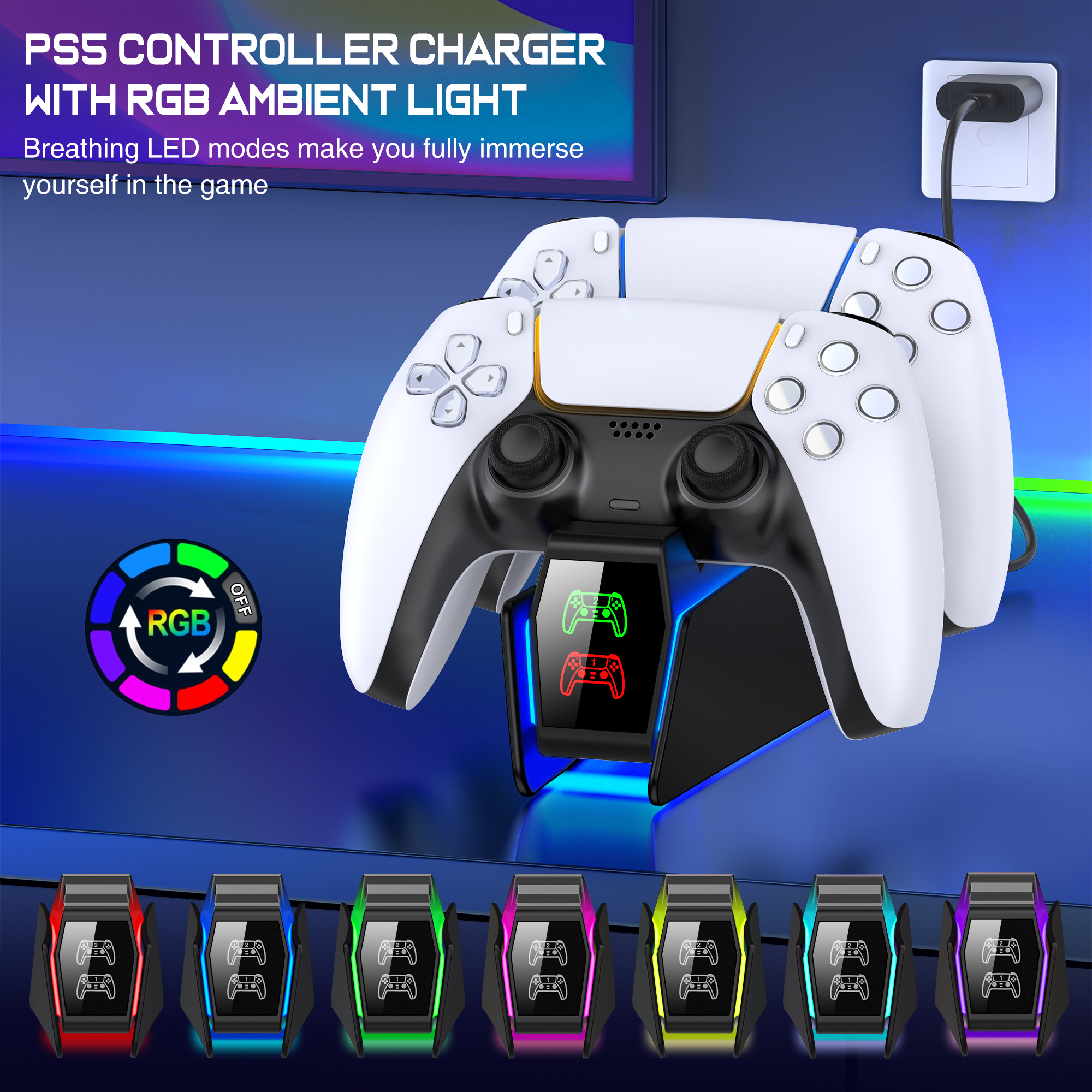 Fc301 para ps5 controlador carregador rgb estação de carregamento rápido para playstation5 controladores de jogo sem fio suporte de carregamento gamepad