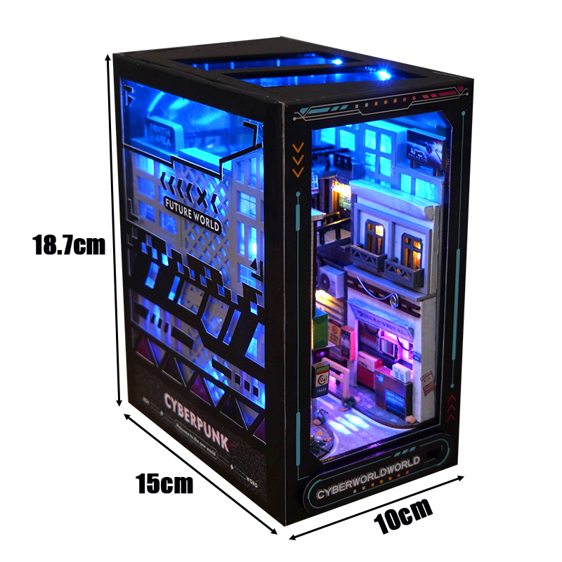 DIY Wooden Book Nook Shelf Insert Miniature Building Kits Cyberrpunk World Bookshelf Assembly Bookend for Adults Birthday Gifts