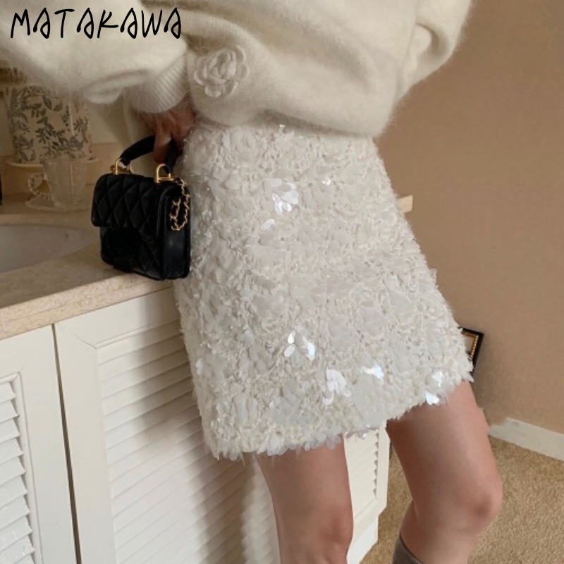 Matakawa Sequind Skirts for Women Solid Spring Autumn Korean Fashion Faldas Mujer A-line High Waist Sweet Elegant Mini Skirt