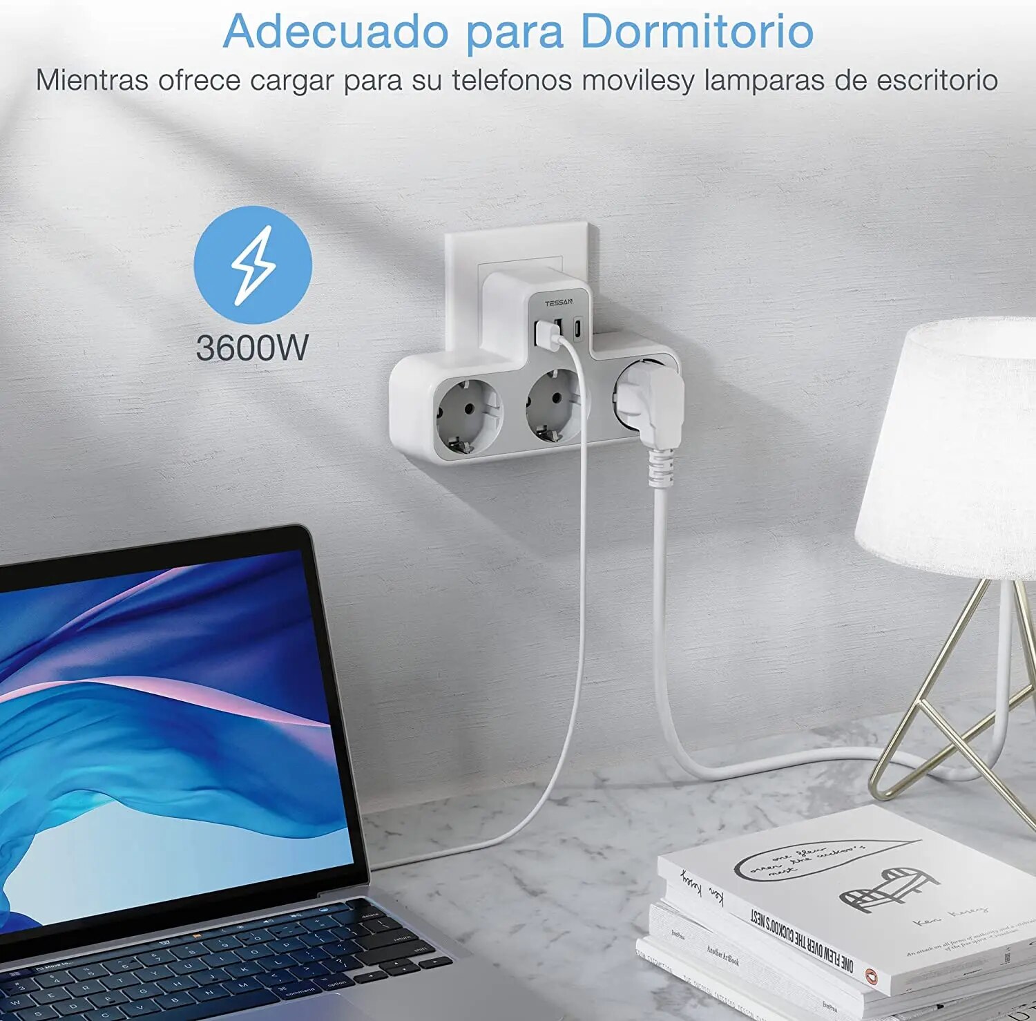 Presa multipla TESSAN EU con 3 prese CA + 2 porte USB + 1 tipo C, caricatore da muro adattatore presa 6 in 1 per ufficio domestico