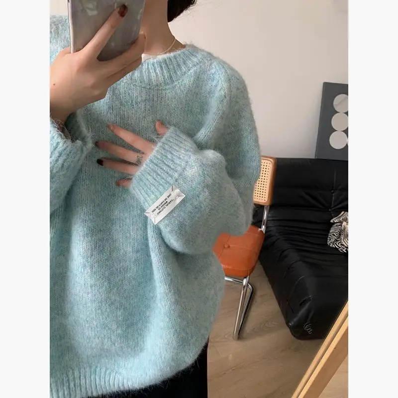 Suéter F Azul Leve Estilo Coreano Casual Ajuste Solto para Meninas, Roupa Externa para Primavera e Outono, Gola Redond...