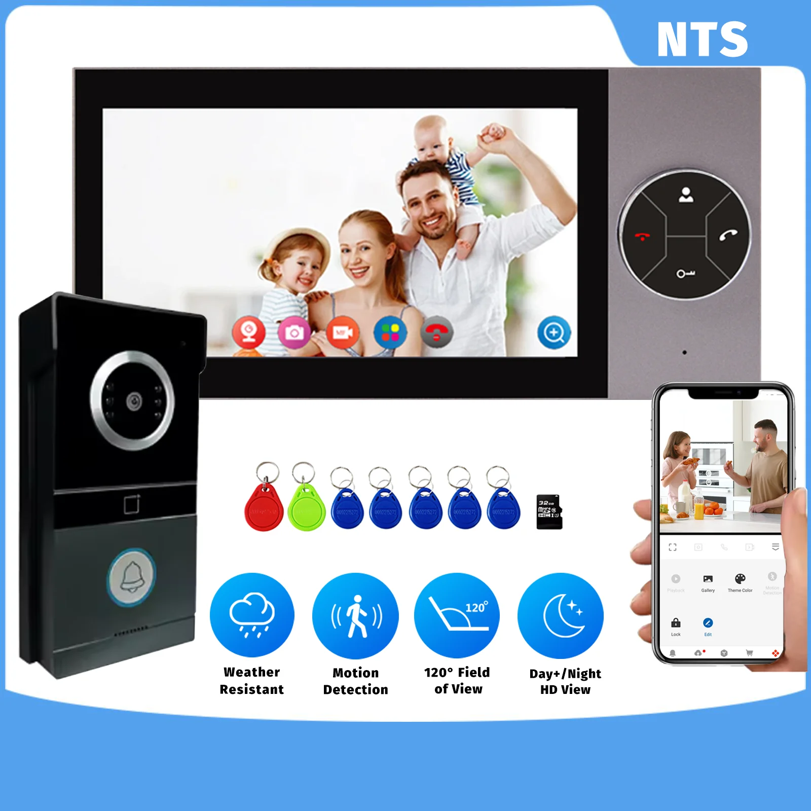 Tuya Smart 7-дюймовая HD-видеодомофонная система с ночным видением 1080p, камерой дверного звонка с обнаружением движения и удаленным доступом