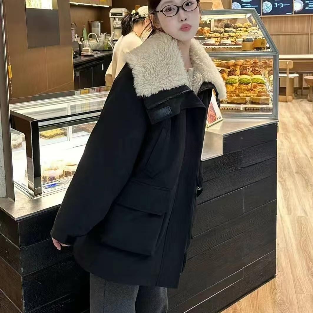 Lusy ラムベルベットジャケット女性のミッドレングス厚く暖かいトップファッショナブルな冬のアウター韓国スタイルルーズフィットジッパー閉鎖