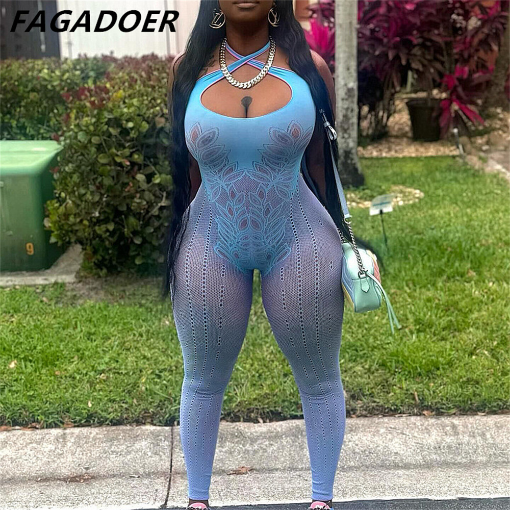 Fagadoer-女性のためのセクシーな厚いレースのジャンプスーツ,透かし彫り,ホルターボディ,ノースリーブ,ホルタートップ,スリム,オーバーオール,2024