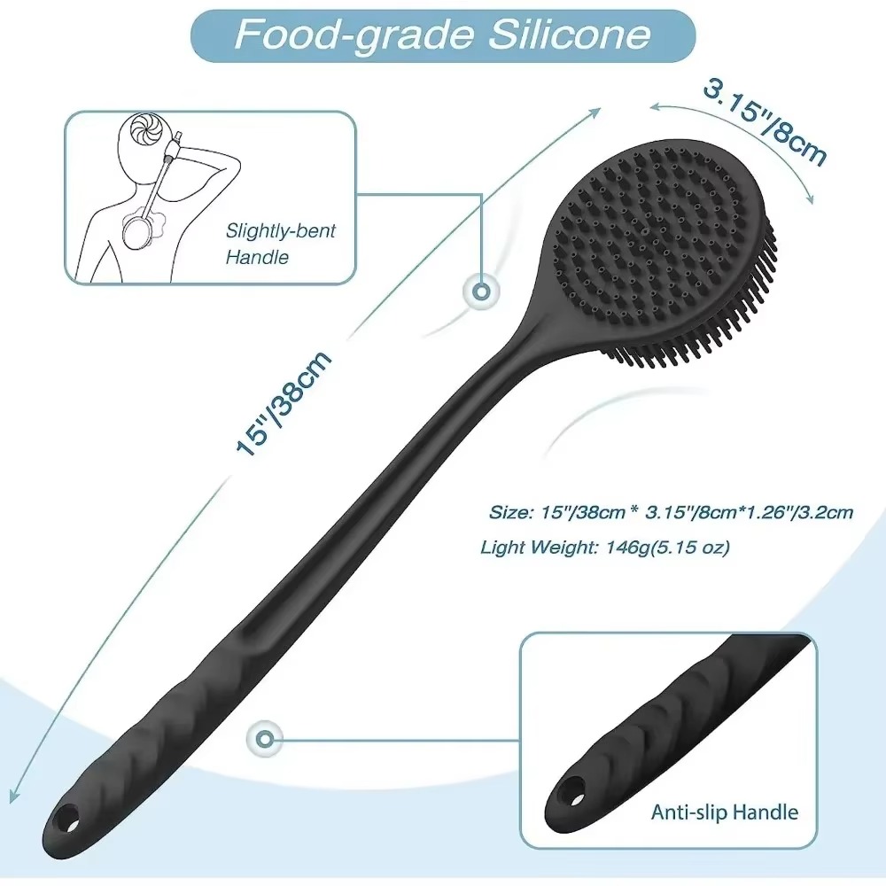 Soft Back Scrubber Brush Silicone Skin Massager Bath Shower Scrubbing Brush with Handle Body Wash Exfoliating Scrub Bath Supplie