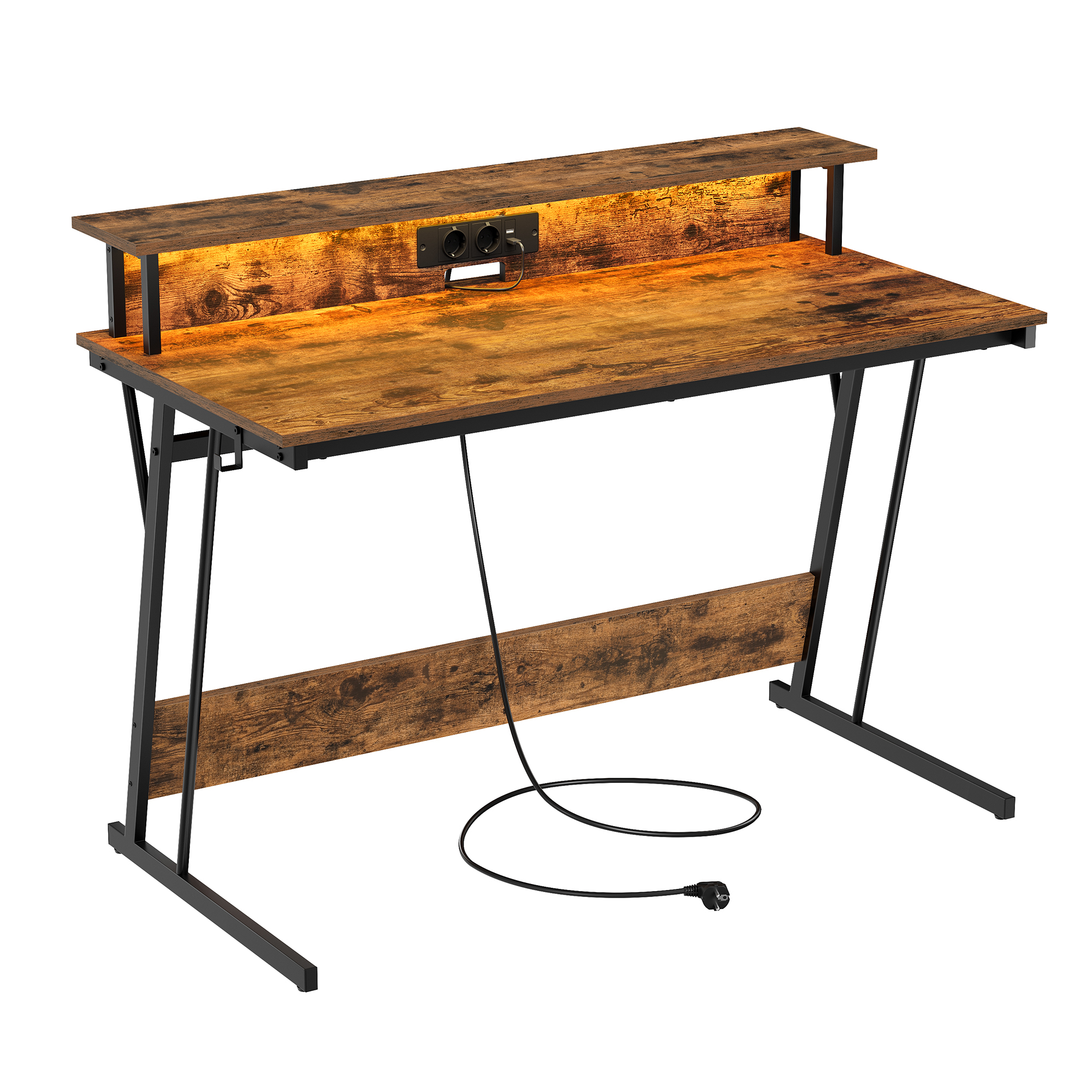 VASAGLE Schreibtisch, mit eingebauter Steckdosenleiste,LED-Beleuchtung