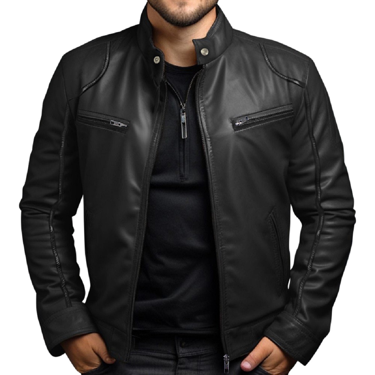 Herren Biker Lederjacke Stehkragen Punk Lederjacke Herren
