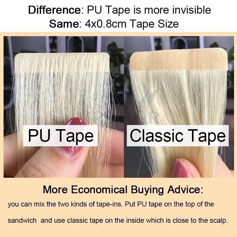 Bande Invisible dans les Extensions de cheveux humains sans couture, trame de peau Pu, Extensions de cheveux injectées, adhésifs attachés à la main, 10 pièces/paquet