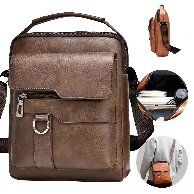 Bolsa de ombro masculina multiuso para trabalho, pasta crossbody PU com alça, mochila casual profissional
