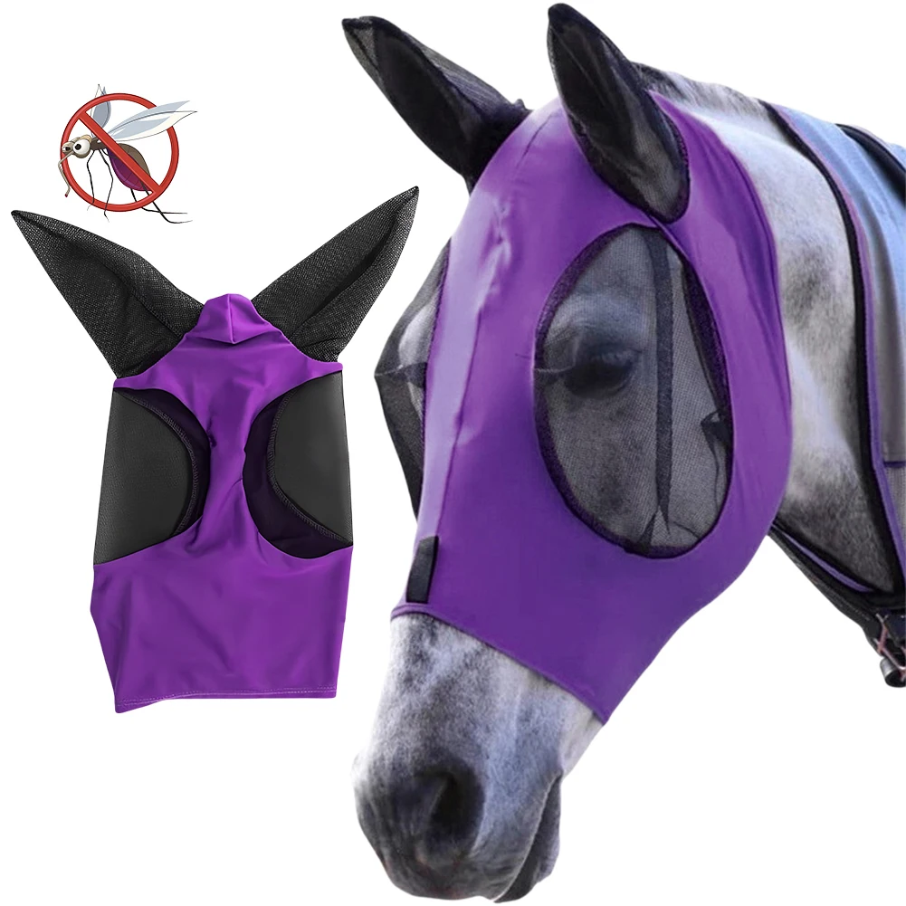Maschera in rete lavorata a maglia elastica Anti-mosca maschera Anti-zanzara traspirante protezione per le orecchie maschera per mosche rete per cofano Anti-vermi per l'equitazione