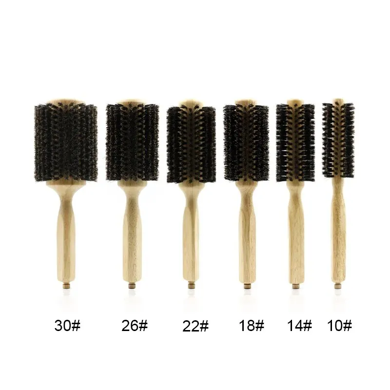 Professional 6 ขนาดตัดผม Salon ไม้ Handle Boar ขนแปรงรอบแปรงหางที่ถอดออกได้ช่างทําผมแปรงผมผมรอบหวี