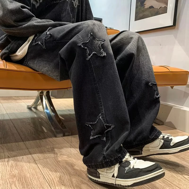 Estrela bordado em linha reta casual jeans masculino gótico neutro nova perna larga solta hip-hop moda juventude streetwear calças jeans y2k