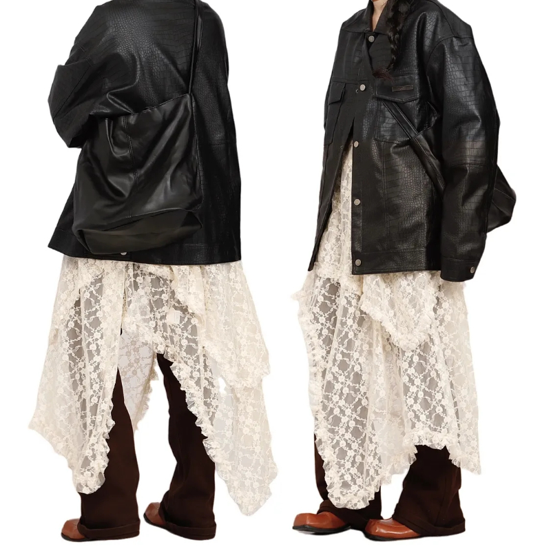 Deeptown Spitze Vintage Lange Röcke Unregelmäßige Urlaub Y2k Kleid für Frauen Boho Tüll Midi Durchsichtig Hohe Taille Elegant Lose