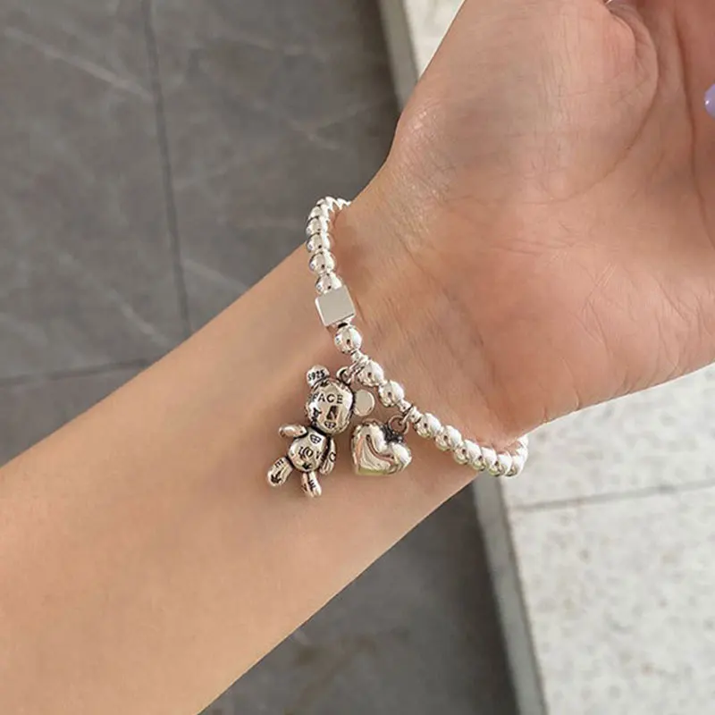 สร้อยข้อมือเงินแท้ 925 สําหรับผู้หญิง String ลูกปัดอุปกรณ์เสริม Trend Vintage น่ารักหมีจี้เครื่องประดับ