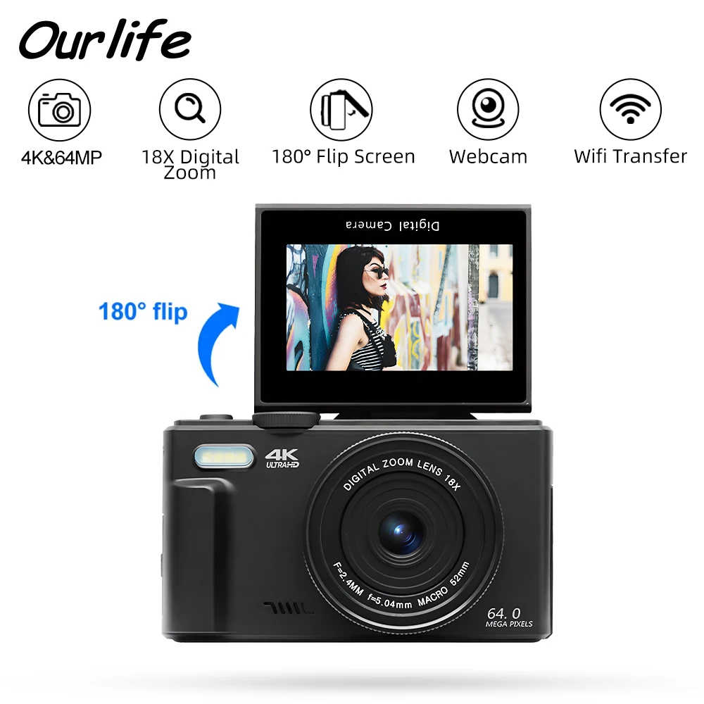 Cámara de fotografía digital compacta 4K 18X Zoom digital Grabadora de video Vlog vintage YouTube 180 °   Cámara web WiFi Selfile con pantalla abatible