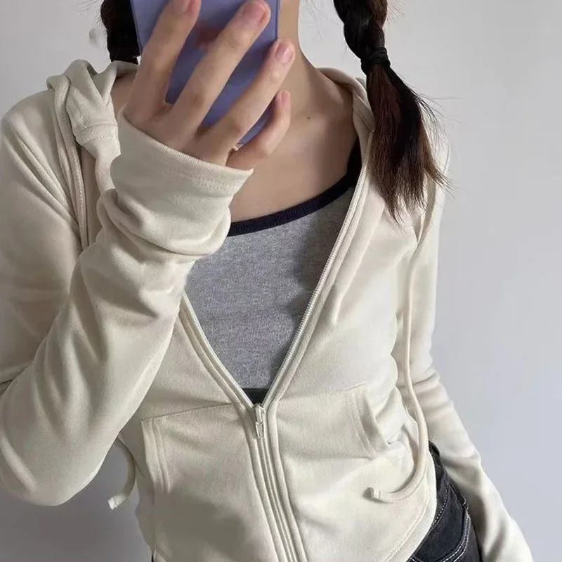 Xpqbb-sudaderas con capucha recortadas con cremallera Vintage para mujer, chaqueta con capucha de manga larga Y2K de Color sólido, ropa informal ajustada de estilo coreano con capucha
