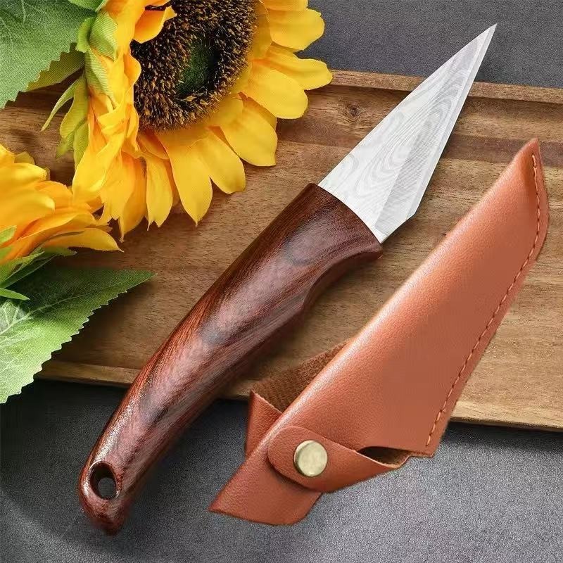 Cuchillo de injerto con mango de madera con carcasa de cuero, adecuado para injerto/desembalaje de jardín, Etc. Herramienta manual de jardín con mango de madera maciza