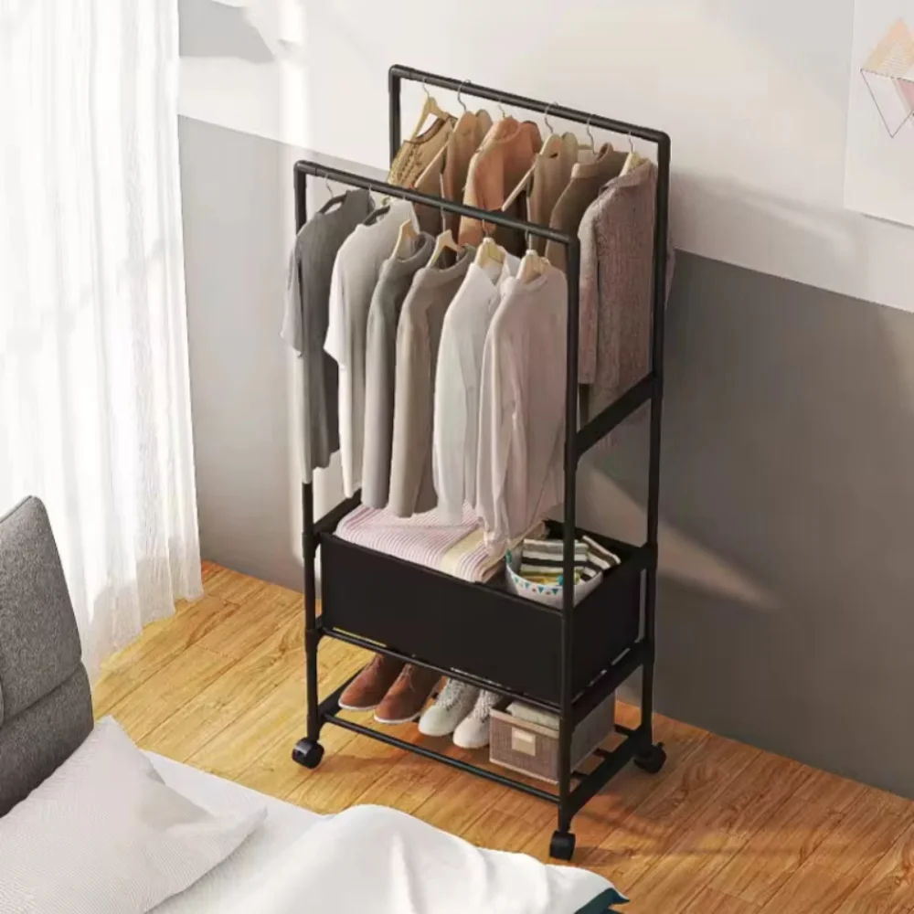 Double Pole Coat Rack Movable Clothes Storage Racks Multi Functional Clothing Hanger Shelves with Wheels Bedroom Stand Wardrobe