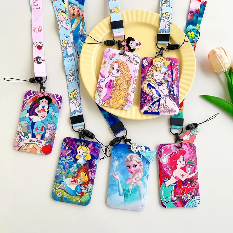 Porta carte d'identità Disney Princess, cinturino da collo, ciondolo per ragazze, porta badge Alice, cordini portachiavi, custodia per credenziali Ariel