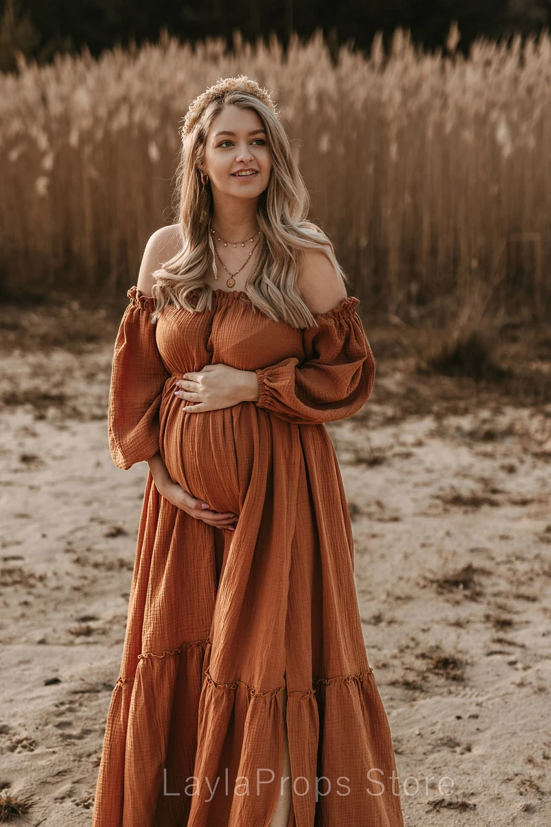 โบฮีเมียนถ่ายภาพการตั้งครรภ์ชุดผ้าลินินผ้าฝ้าย Retro หลวมชุดคลุมท้อง Boho สไตล์ชุดถ่ายภาพตั้งครรภ์