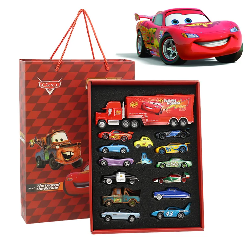 Caja de regalo de coches de Disney Pixar, 8/13/15 Uds., Metal fundido a presión, relámpago McQueen, modelo de coche de juguete Jackson, tío, camión, juguetes de cumpleaños para niños