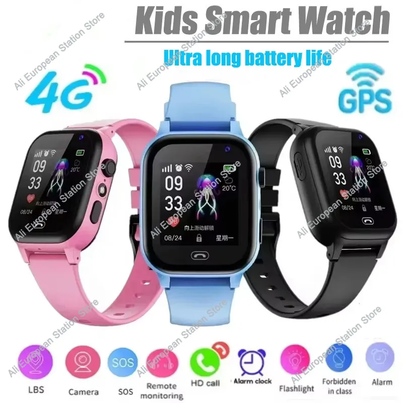 Dziecięcy smartwatch 4G z funkcją SOS, GPS, lokalizacją, wideorozmową, obsługą kart SIM, kamerą, podświetleniem, dotykowym ekranem i wodoodpornością dla dzieci.