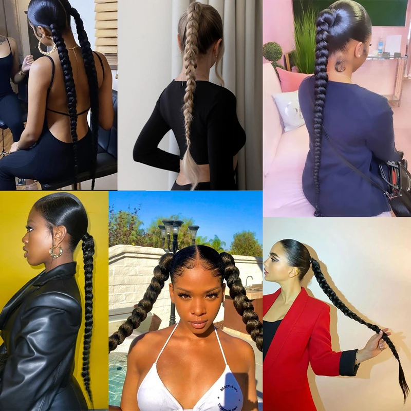 26/34 polegada sintético longo trançado rabo de cavalo extensões de cabelo sintético tranças de boxe envoltório em torno de chignon cauda com faixa de borracha