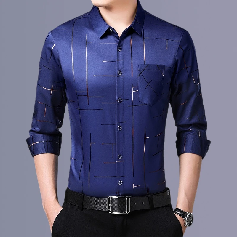 Camisa estampada de manga larga informal y de moda para hombre, top de negocios sin planchar y resistente a las arrugas