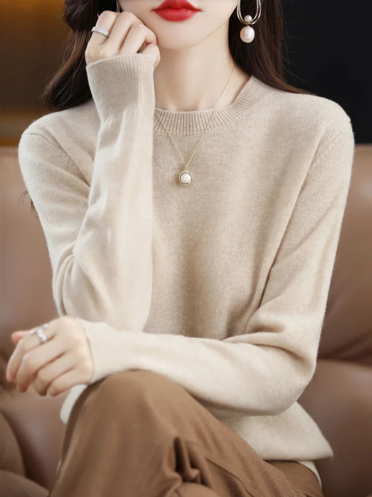 แฟชั่น 100% Merino ขนสัตว์เสื้อกันหนาว Elegant CASHMERE Pullover ผู้หญิง O-คอยาวแขนยาวเสื้อถัก Basic เสื้อผ้าเสื้อจัมเปอร์