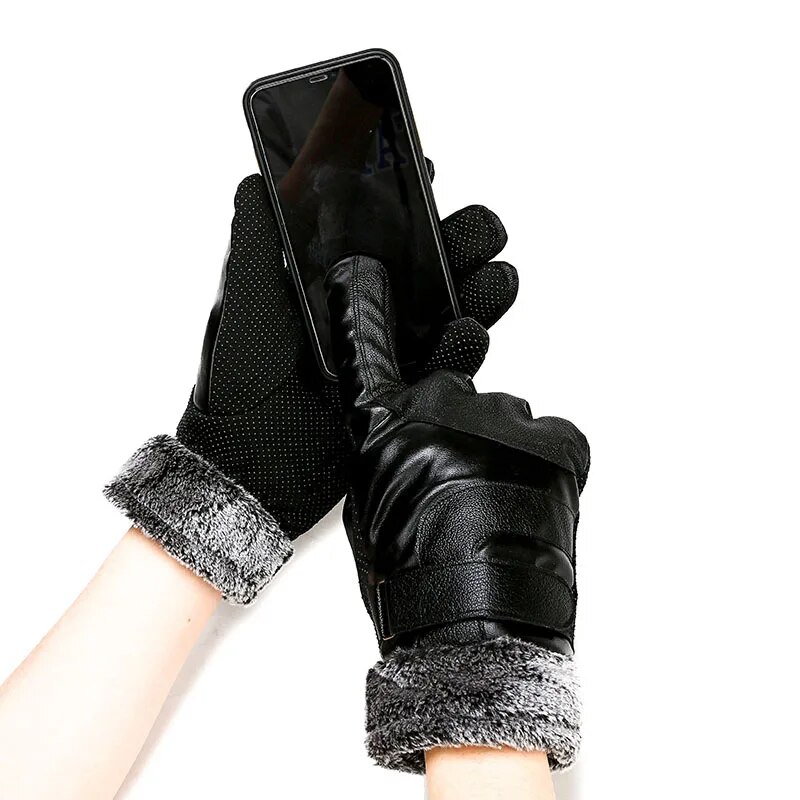 Guantes de cuero para hombre y mujer, manoplas gruesas y cálidas con pantalla táctil, resistentes al viento, impermeables, para conducir y montar en motocicleta, Invierno