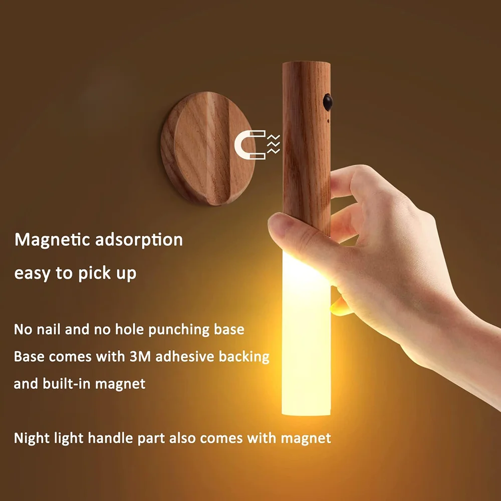 Apliques de pared recargables, luces de pared magnéticas, luz nocturna con Sensor de movimiento, luces nocturnas, iluminación de pared de madera para escalera de dormitorio