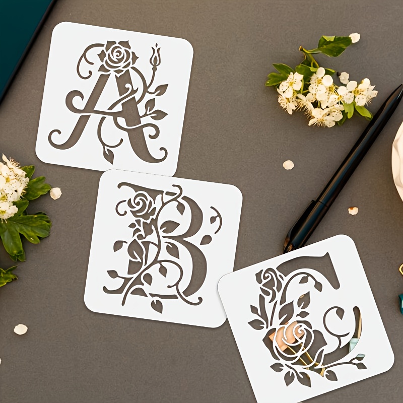 36 Stück florale Alphabet-Schablonen, wiederverwendbar, Rosen-Buchstaben-Malvorlagen, hohle Graffiti-Vorlage, Sprühform für Wandaufkleber