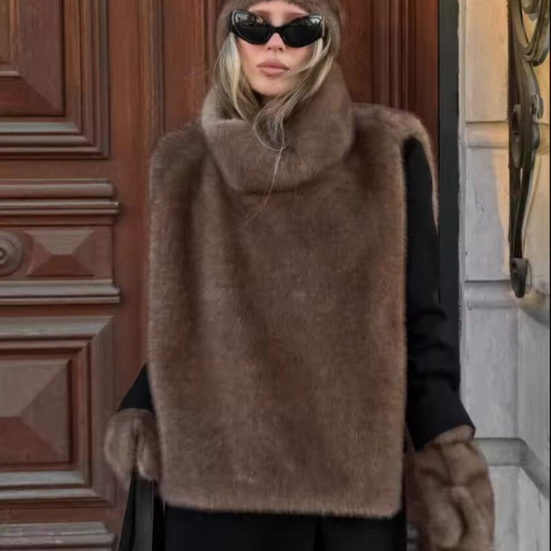 Outono inverno gola alta eco pele de vison regata sem mangas jaqueta casaco nova moda pele do falso sable colete topo de colheita