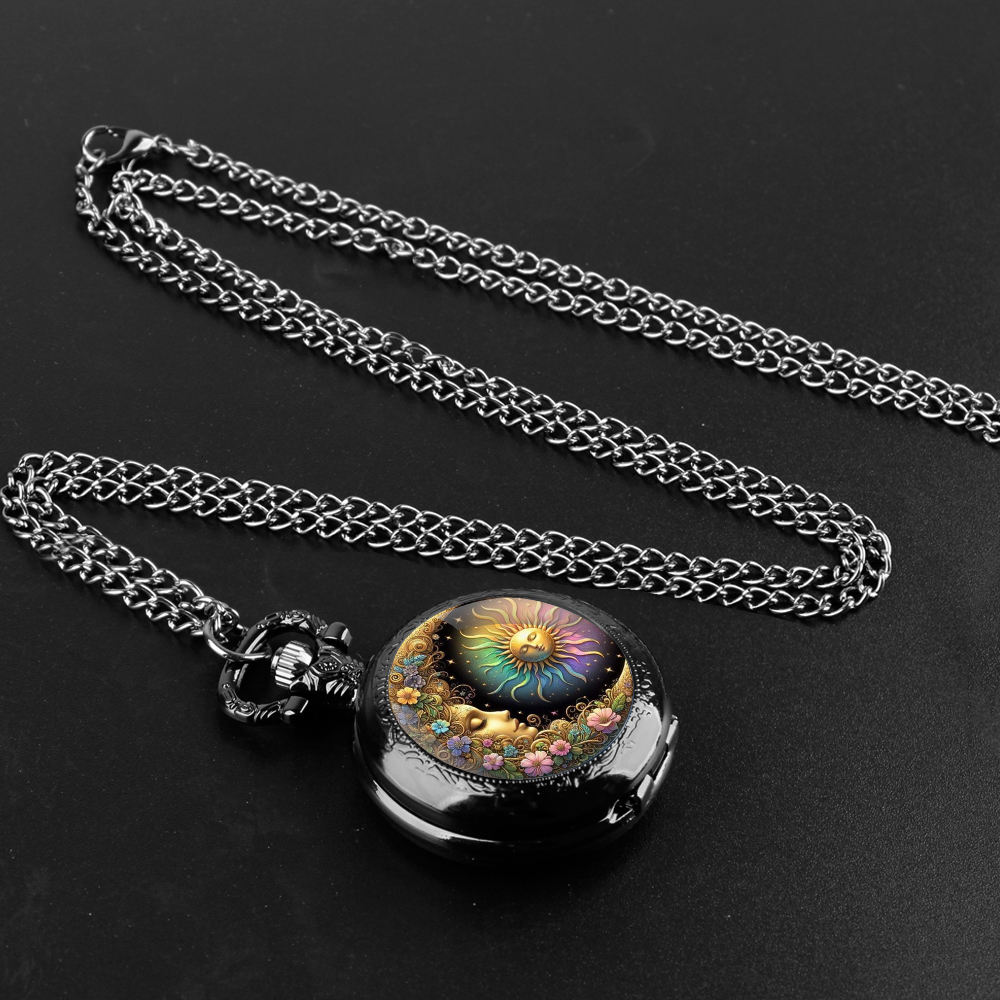 Zon en Maangodin Quarzt Zakhorloge met Ketting Vintage Quartz Hanger Horloges Klokketting Heren Dames