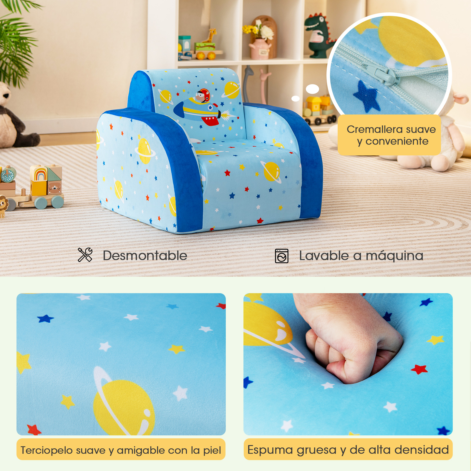 Sillones Infantiles Convertible 3 en 1, Sofá Cama para Niños con Asiento Acolchado de Espuma, Funda Protectora Extraíble, Sillón Reclinable Plegable para Niños de 0-5 Años, Azul, avión