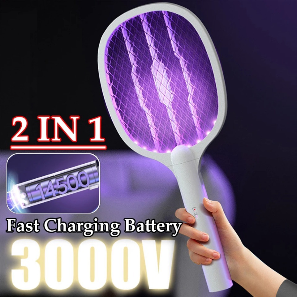 Handheld Electric Fly Swatter, Bug Zapper Racket, 2 in 1, USB Rechargeable, Mosquito Killer Lamp, Pest Control, 3000V