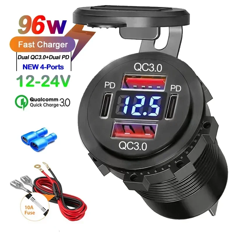 96W Dual PD QC3.0 USB Car Motobike Charger with Voltmeter Socket Power Outlet Adapter Waterproof for 12V/24V Car Boat Truck Moto