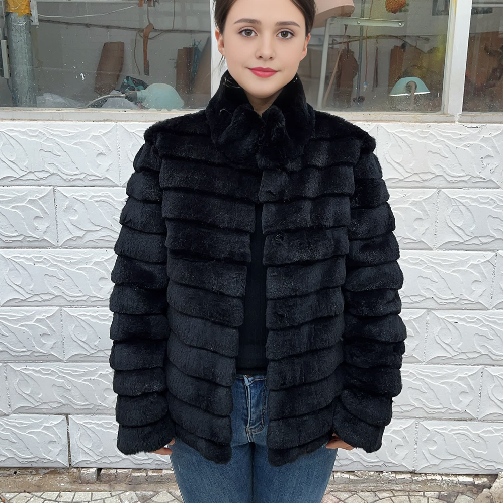 女性のための本革と本物の毛皮のコート,豪華なラニジャケット,冬の服,黒の寒さ,レックスのウサギ,女性のアウター,2024